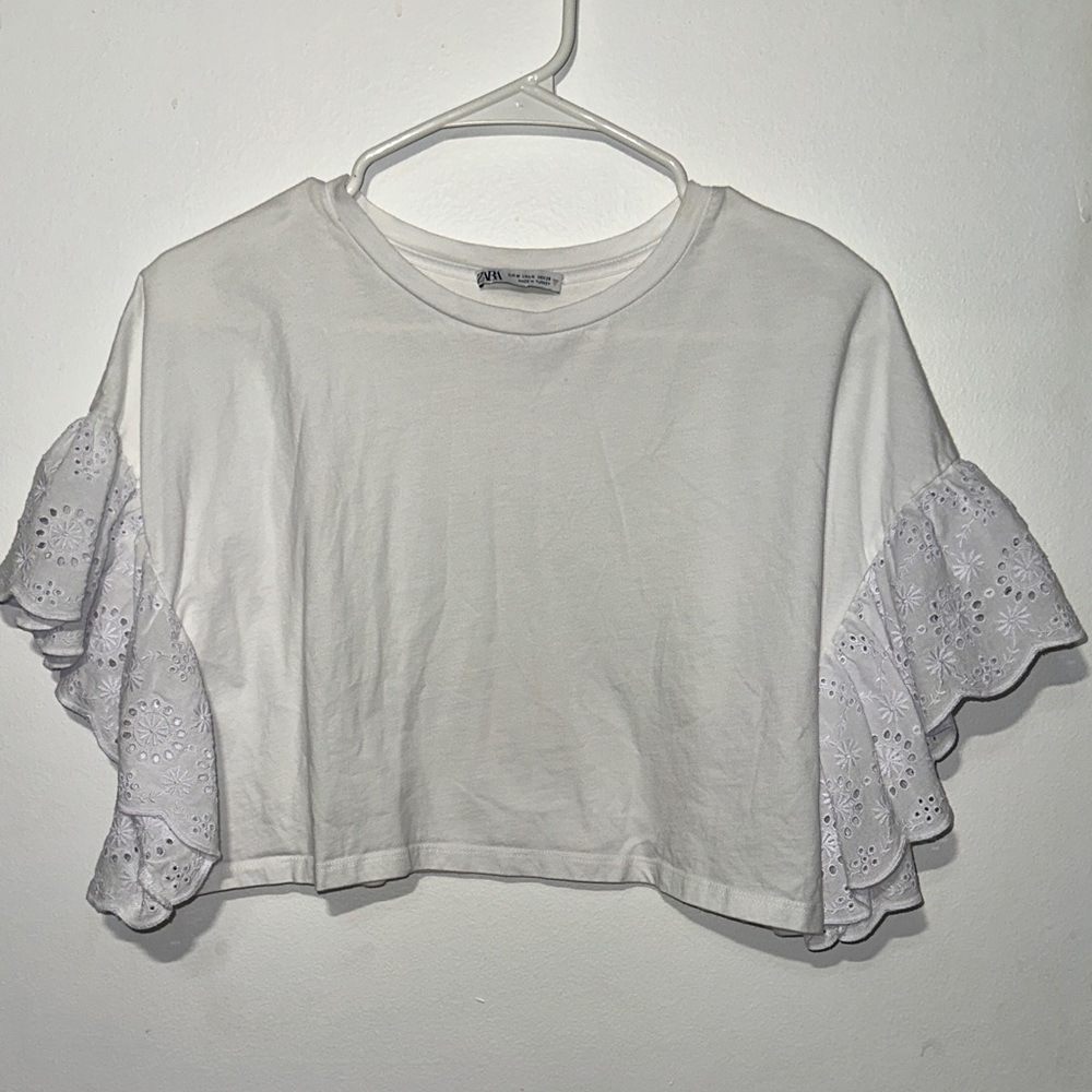 Zara White Eyelet Sleeve Crop Top